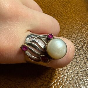 Sterling Silver and Pearl Ring with Rubies